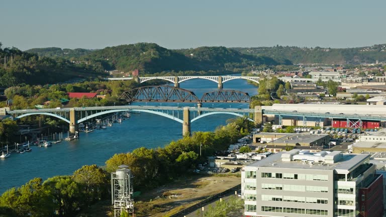 Leftward Sweeping Aerial of Bridges on Allegheny River near Strip District, Pittsburgh, Pennsylvania