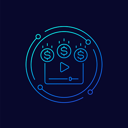 Video monetization, earn money for video content line vector icon