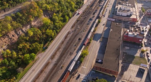 Establishing Aerial of Railroad Track and Liberty Avenue in Strip District of Pittsburgh, Pennsylvania