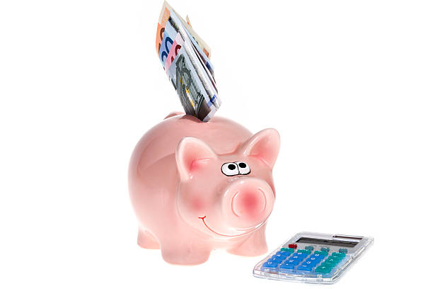 Smiling Pink piggy bank with Euro bank notes and a modern pocket calculator isolated on white background