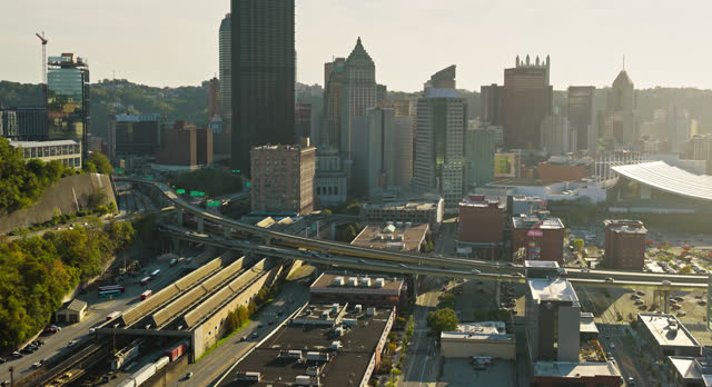 Forward Flying Drone Shot Tilting up on Downtown Pittsburgh, Pennsylvania