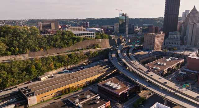 Orbiting Establishing Aerial of Union Station in Pittsburgh