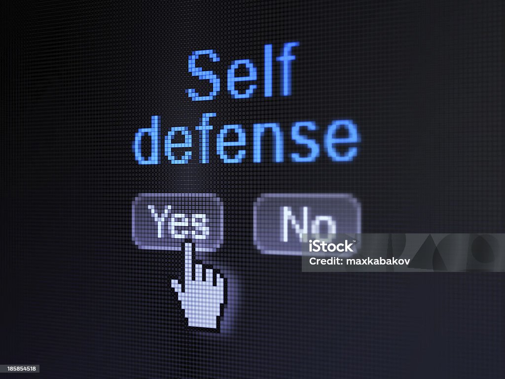 Protection concept: Self Defense on digital computer screen Protection concept: buttons yes and no with pixelated word Self Defense and Hand cursor on digital computer screen, selected focus 3d render Abstract Stock Photo