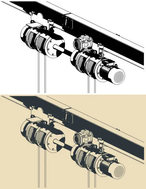 Vector illustration of Hoist and winches for installation cradle close-up