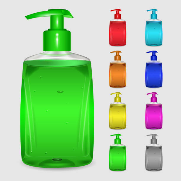 zestaw multicolored butelki i mydło szafarka - liquid soap purple isolated cosmetics stock illustrations