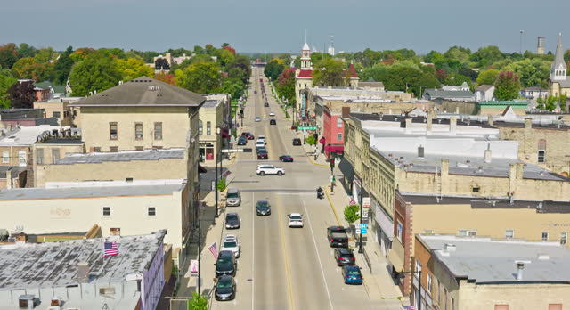 Rightward Ascending Aerial with Leftward Pan on Columbus, Wisconsin on Clear Day