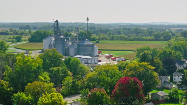 Aerial Shot of Grain Dryers in Small Town in Wisconsin