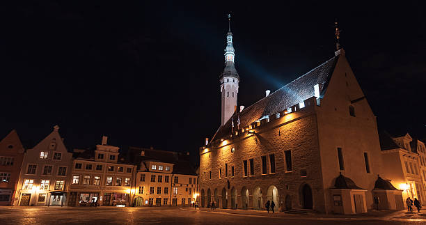 istock Illuminated city hall at night. Tallinn, Estonia 185859191