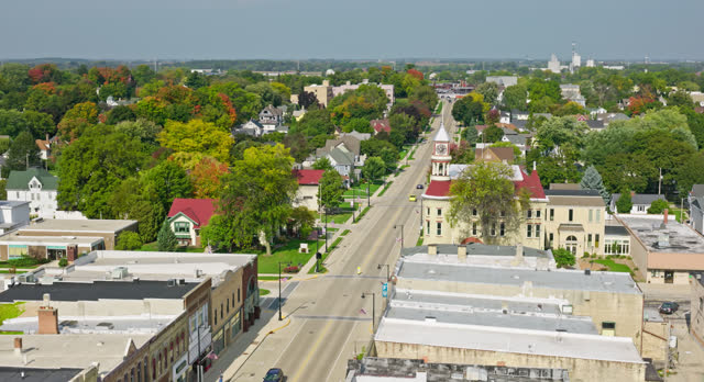 Drone Flight over Small Town in Wisconsin on Clear Day