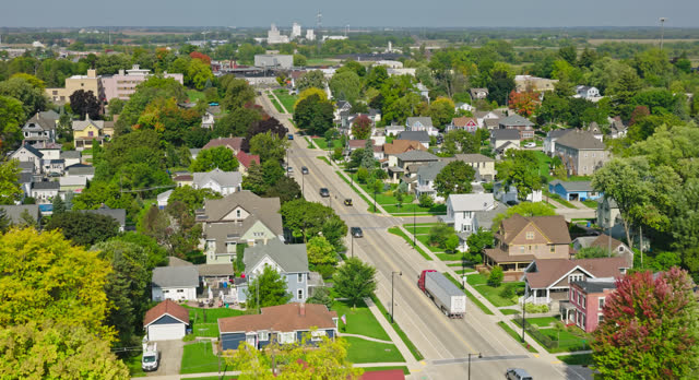 Drone Shot of State Road in Columbus, Wisconsin on Clear Day