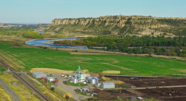 Aerial View of Feedlot and Pasture on Montana Ranch Beside Yellowstone River