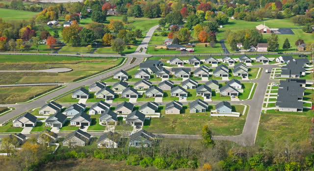 Leftward Orbiting Aerial Shot of Tract Houses in Georgetown, Scott County, Kentucky