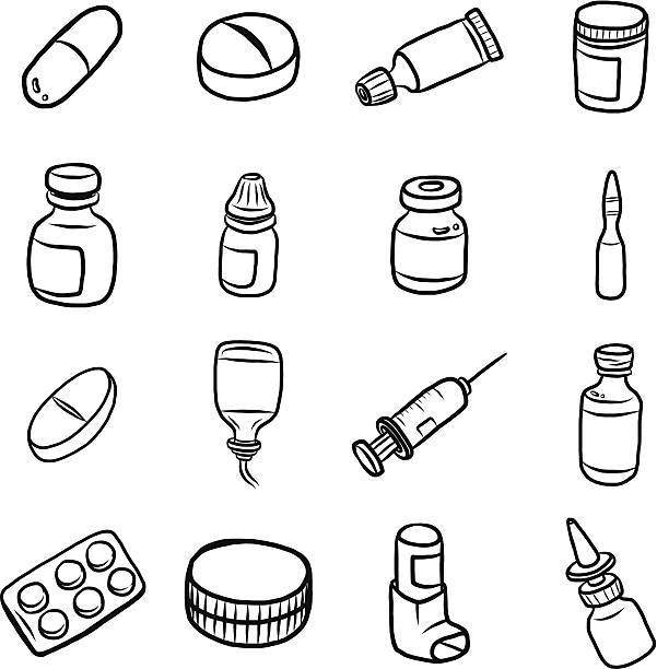 Clipart set of medicine related items drugs, medicine dosage form objects or icons set / 16 objects, cartoon vector and illustration, hand drawn, sketch style, isolated on white background. asthma inhaler drawing stock illustrations