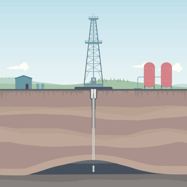 ilustraciones, imágenes clip art, dibujos animados e iconos de stock de plataforma petrolífera en el campo diagrama - pozo de petróleo