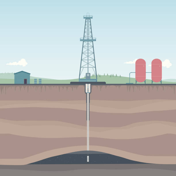 Oil Rig in Countryside Diagram A diagram of an oil rig extracting crude oil from below the earth's surface. oil well stock illustrations