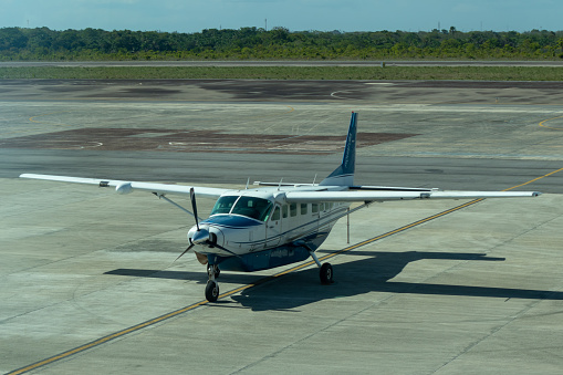 Macapa, Amapa, Brazil - Dec 08, 2023: Cessna 208B Grand Caravan (PR-DNA) airplane from Piquiatuba Air Taxi parked at Macapa Airport