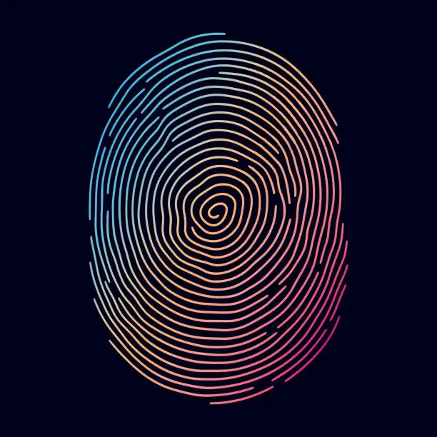 Vector illustration of Colourful rainbow thumb fingerprint isolated on black background, fingerprint and background on separate layers.