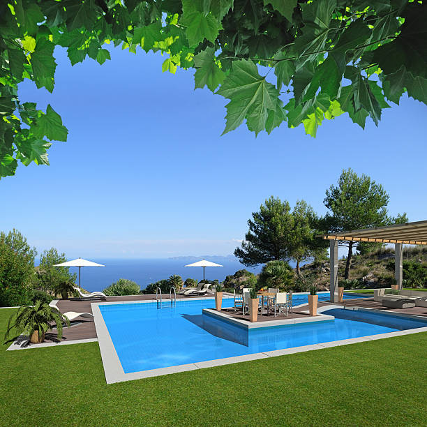 A very nice pool with palmtrees, urns,a spa and mountains in the far background. The nearer background shows roses and some grass.<br> <br>