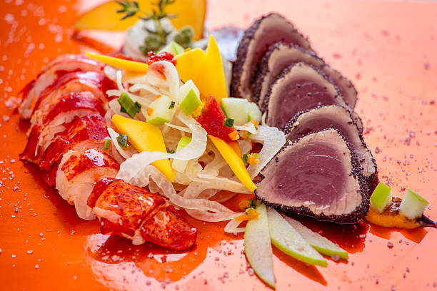 istock Red shrimp, tuna fish with fruit and vegetables salad 185866852