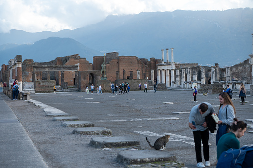 Pompeii, Italy : 2023 November 16 : People walking through the Ancient Pompeii (UNESCO World Heritage Site). Paving stones of Via del Foro in November 2023.