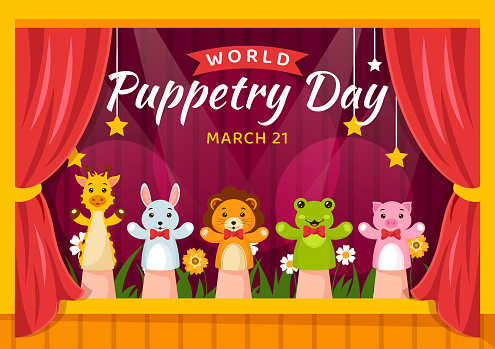 World Puppetry Day Vector Illustration on March 21 for Puppet Festivals which is moved by the Fingers Hands in Flat Kids Cartoon Background Design