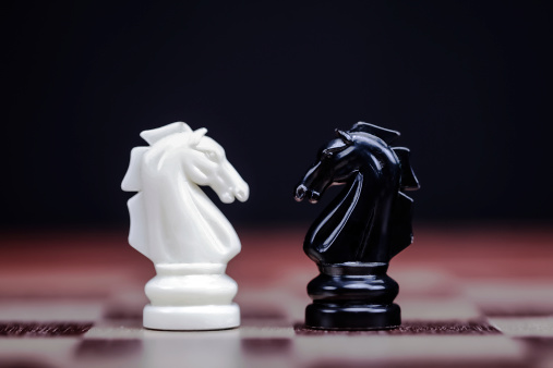 Two jumpers (horses, horses, horses) stand on a chessboard. Black and white.