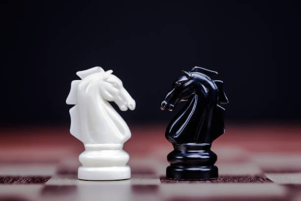 Two knights (horses) on a chessboard Two jumpers (horses, horses, horses) stand on a chessboard. Black and white. gegenüber stock pictures, royalty-free photos & images