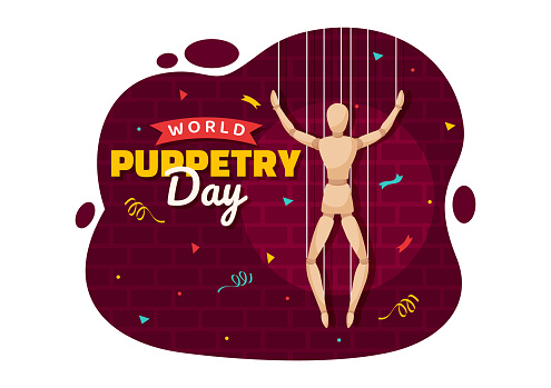 World Puppetry Day Vector Illustration on March 21 for Puppet Festivals which is moved by the Fingers Hands in Flat Kids Cartoon Background Design