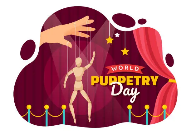 Vector illustration of World Puppetry Day Vector Illustration on March 21 for Puppet Festivals which is moved by the Fingers Hands in Flat Kids Cartoon Background Design