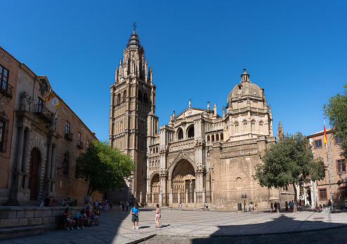 View from the town hall square of the Holy Primate Cathedral Church of Toledo. Castilla La Mancha.Spain. July 29, 2023.