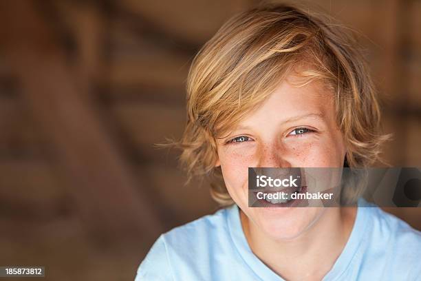 Young Happy Blond Boy Child Smiling Stock Photo - Download Image Now - Blond Hair, Brown, Casual Clothing