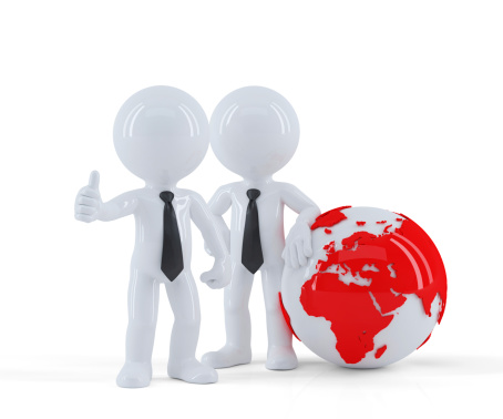Business people standing in front of the globe. Business concept. Isolated