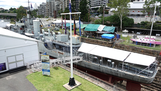 Brisbane, Queensland, Australia, - 6 January 2023 -  H.M.A.S Diamantina is a River Class Frigate, designed in Great Britain and built in Australia, showing at Queensland Maritime Museum.