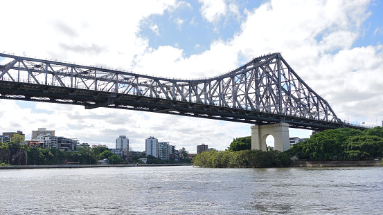 Brisbane, Queensland, Australia, - 6 January 2023 - The Story Bridge is a heritage-listed steel cantilever bridge spanning the Brisbane River that carries vehicular, bicycle and pedestrian traffic.