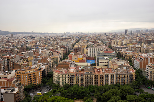 Cityscape view from Sagrada Familia tower on a rainy morning, Barcelona, Spain