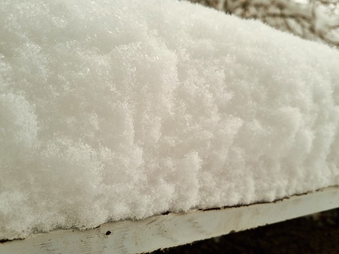 A fragment of a street bench covered with a thick layer of snow. Cloudy winter day. Close up
