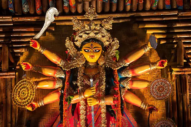 An Indian Deity : Goddess Durga. Durga worship is a yearly event and these deities are created every year and immersed in a river every year after the completion of the 5-day event.