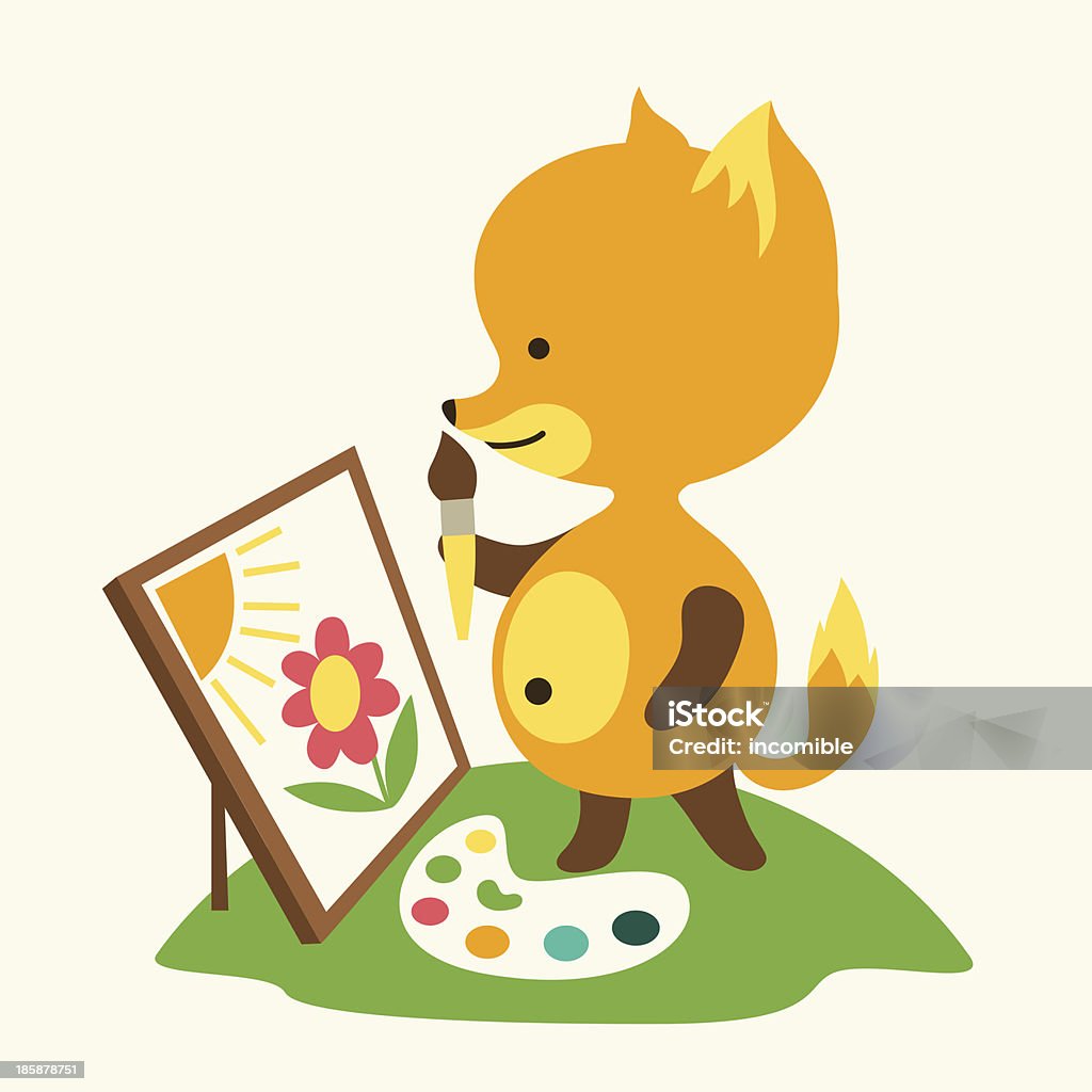 Little cute baby fox draws picture. Animal stock vector