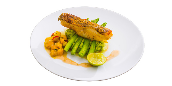 Salmon Steak Tiger in a plate of food, breakfast, lunch, dinner on a white background