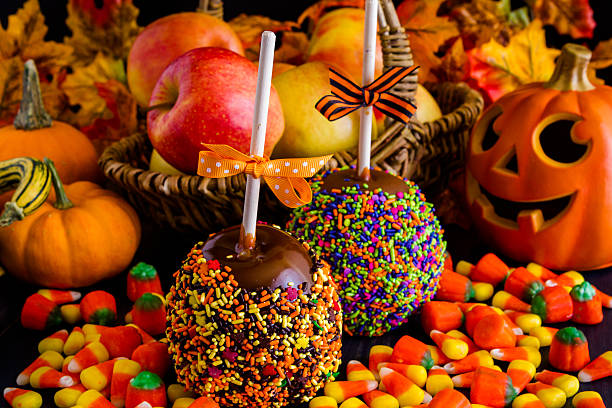 Series of Halloween candy with caramel apples