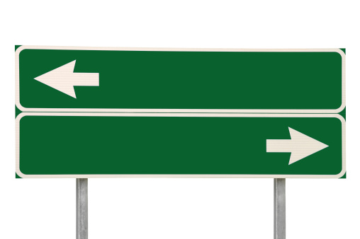 Crossroads Road Sign, Two Direction Arrows Green Isolated Blank Empty Copy Space Traffic Roadisde Signage Dilemma Alternative Concept