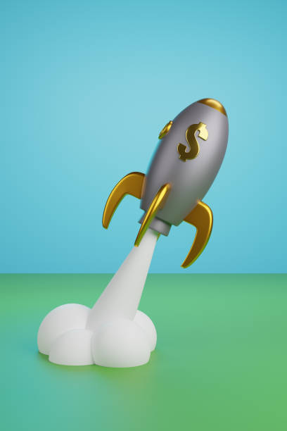 istock Cartoon spaceship taking off with dollar sign. 3d illustration. 1858847035