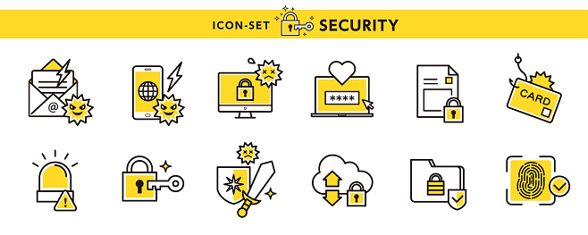 Icon set for security measures such as antivirus, phishing fraud, PIN code, etc.