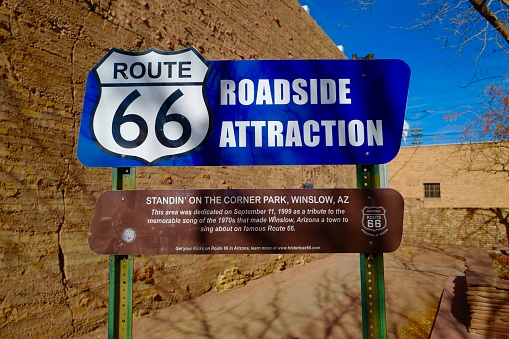 Famous US Route 66 sign along highway in New Mexico