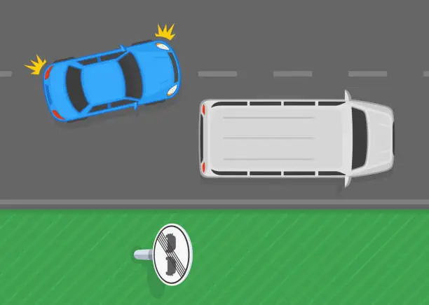 Vector illustration of Traffic regulation tips and rules. End of no overtaking sign area. Top view of a sedan car passing van on road. Vector illustration template.