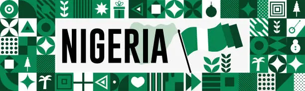 Vector illustration of NIGERIA national day banner with map, flag colors theme background and geometric abstract retro modern colorfull design with raised hands or fists.