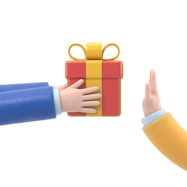 istock Refusal of gift. No corruption concept. Rejecting proposal. Man holding in hand gift box with ribbon. Gesture rejects the proposal. 3D rendering on white background. 1858907742