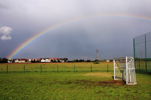 a rainbow over the field