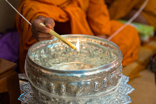 istock Buddhist monks, bowl with a candle and holy water 185895059