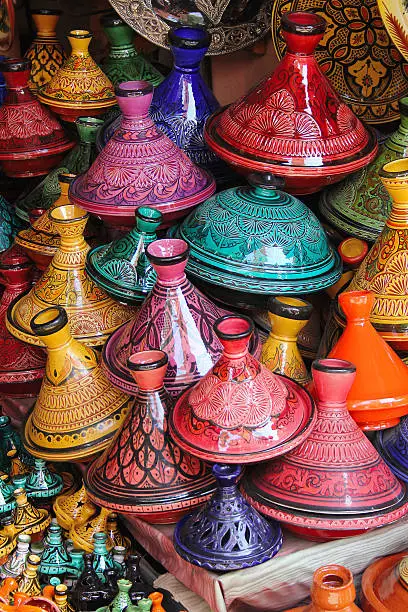 Marrakesh: colorful selection of tajines, the famous traditional pot and dish from Morocco, seen in the souks of the Old Medina in Marrakesh.